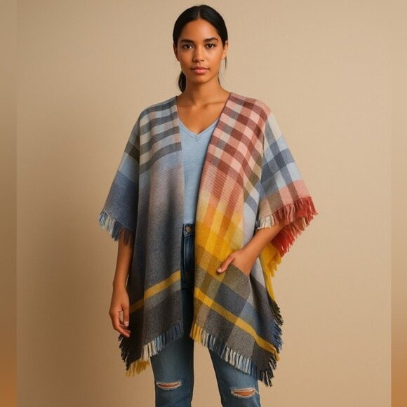 Anthropologie By Anthropologie – Colorful Striped Wool Blend Fringe Ruana Poncho - Picture 3 of 16